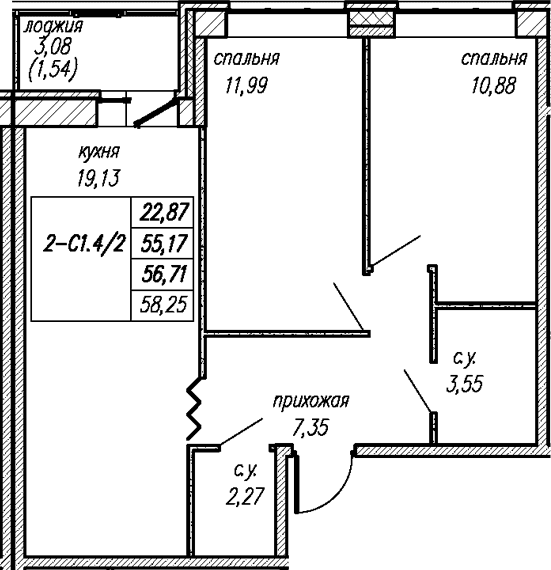 Планировка: 2-комнатная квартира 55,2 м² в ЖК «Уютный Новоселье»