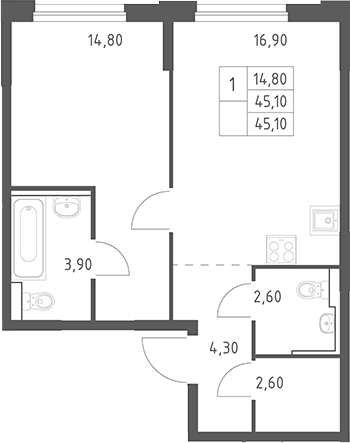 Планировка: Евродвушка 45,1 м² в ЖК «Химки Парк»