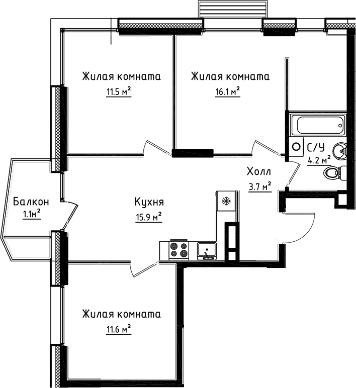 3-комнатная квартира