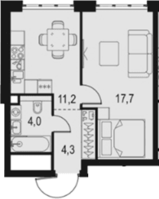 Планировка: 1-комнатная квартира 37,2 м² в ЖК «Левел Южнопортовая»
