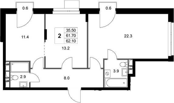Планировка: 2-комнатная квартира 61,7 м² в ЖК «Легенда Марусино»