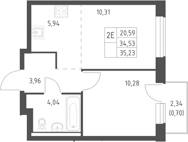 Планировка: Евродвушка 34,5 м² в ЖК «Горки Парк»