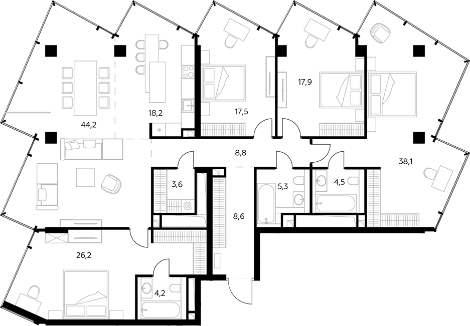 Планировка: Квартира евро-5 197,1 м² в ЖК «Монблан»
