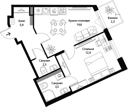 Планировка: 1-комнатная квартира 38,9 м² в ЖК «Экография»