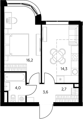 Планировка: 1-комнатная квартира 41,5 м² в ЖК «Адмирал»