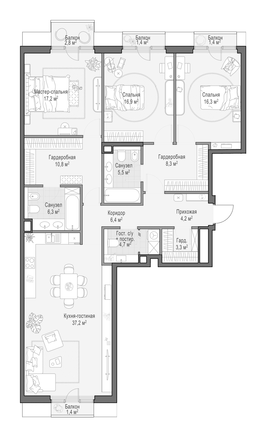 Планировка: Квартира евро-4 136,7 м² в ЖК «Квартал Тишинский бульвар»