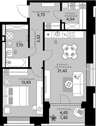 Планировка: Евродвушка 56,8 м² в ЖК «СберСити»