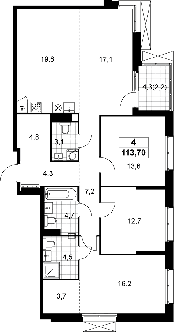 Планировка: Квартира евро-4 111,5 м² в ЖК «Дзен-кварталы»