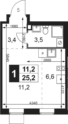 Планировка: Студия 25,2 м² в ЖК «1-й Ясеневский»