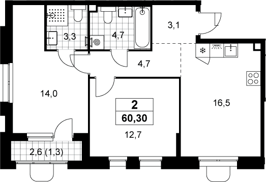 Планировка: Евротрёшка 59 м² в ЖК «Прокшино»