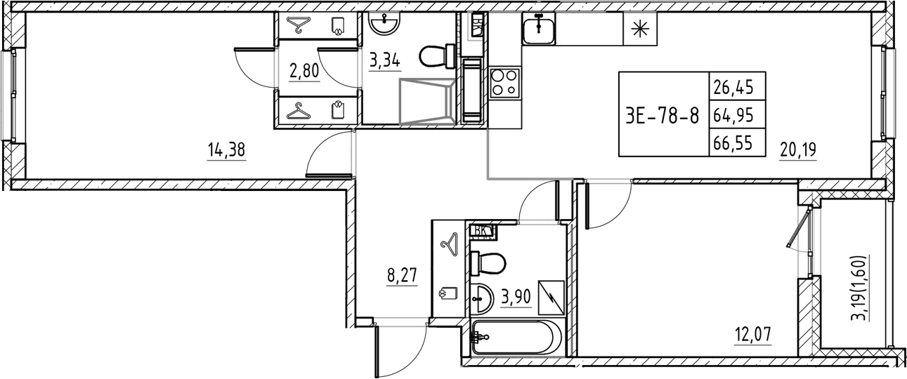 Планировка: Евротрёшка 65 м² в ЖК «Энфилд»