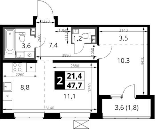 Планировка: Евродвушка 45,9 м² в ЖК «1-й Южный»