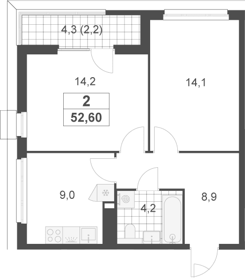 Планировка: 2-комнатная квартира 50,4 м² в ЖК «Скандинавия»