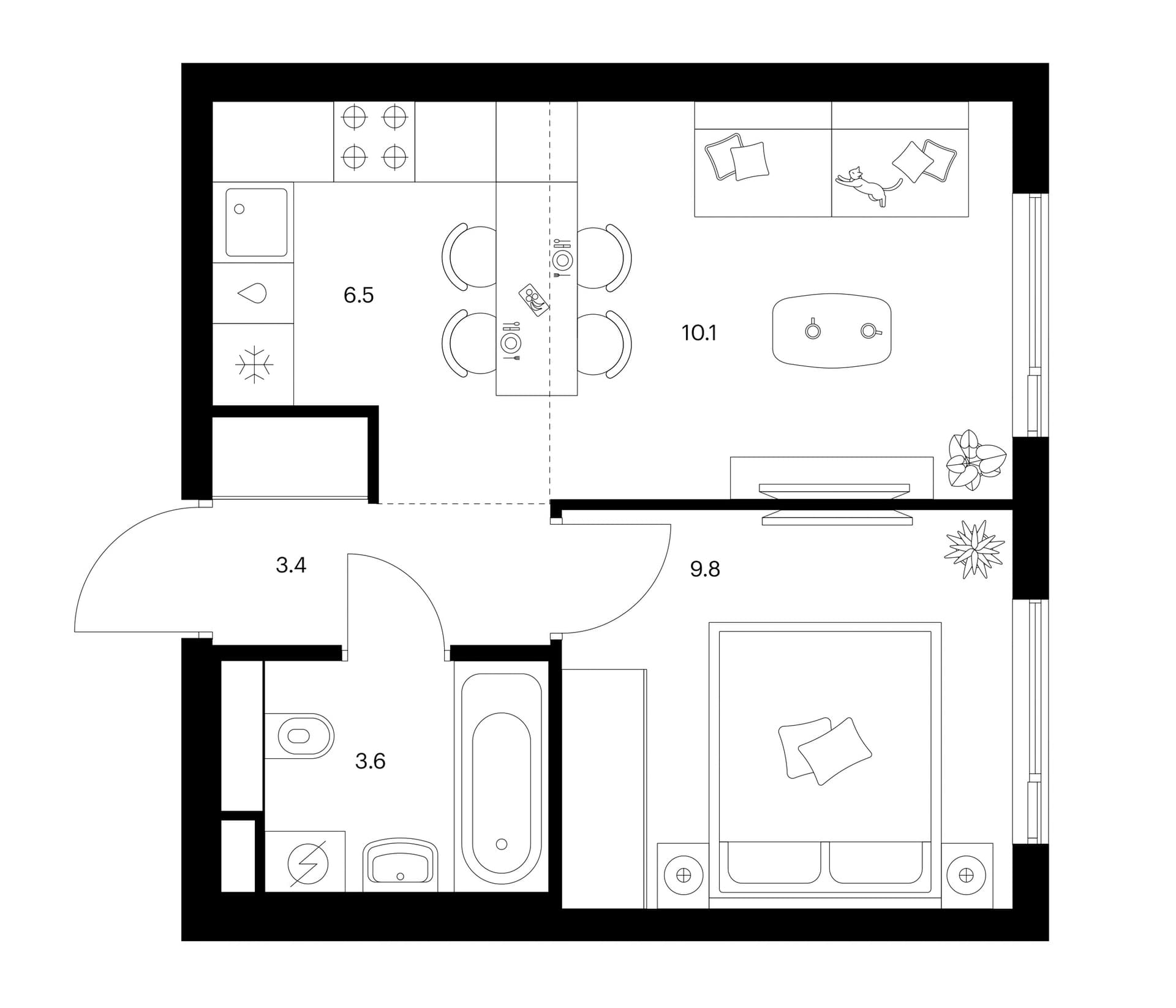 Планировка: Евродвушка 33,4 м² в ЖК «Мичуринский парк»