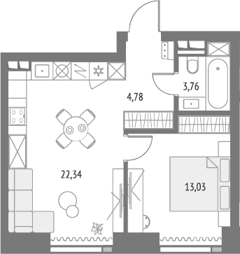 Планировка: Евродвушка 44,7 м² в ЖК «Апсайд Тауэрс»
