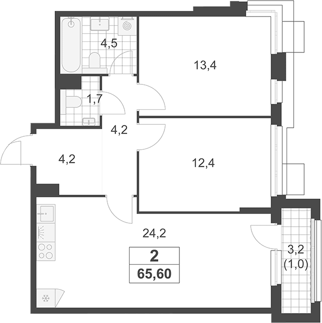 Планировка: Евротрёшка 64,6 м² в ЖК «Южные сады»