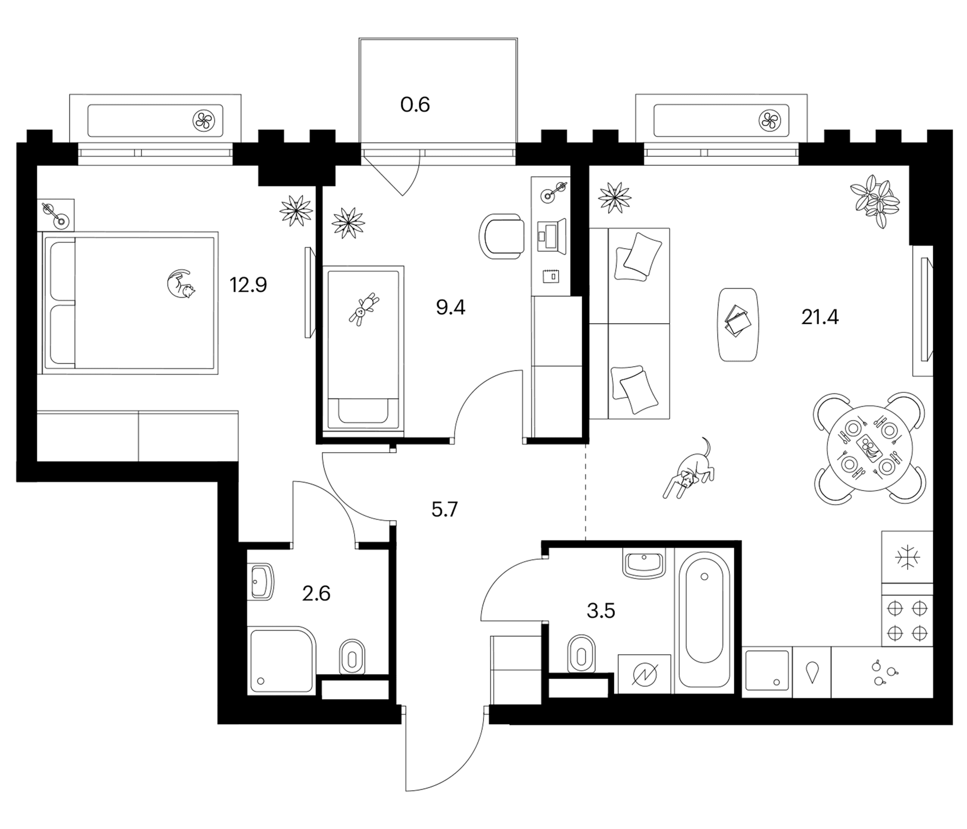 Планировка: 2-комнатная квартира 55,5 м² в ЖК «Белая Дача парк»