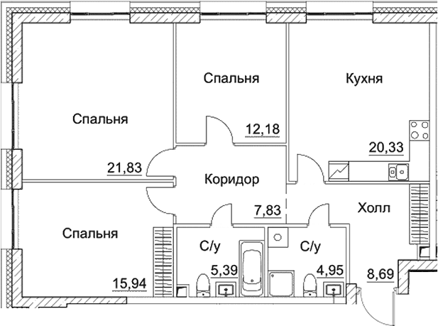 Планировка: Квартира евро-4 97,1 м² в ЖК «СЕЗАР СИТИ»