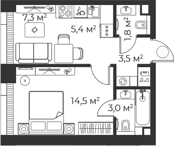 Планировка: Евродвушка 35,5 м² в ЖК «Веер»