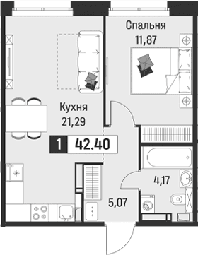 Планировка: Евродвушка 42,4 м² в ЖК «Символист»
