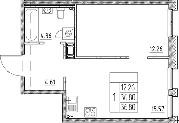 Планировка: Евродвушка 36,8 м² в ЖК «Сезоны»
