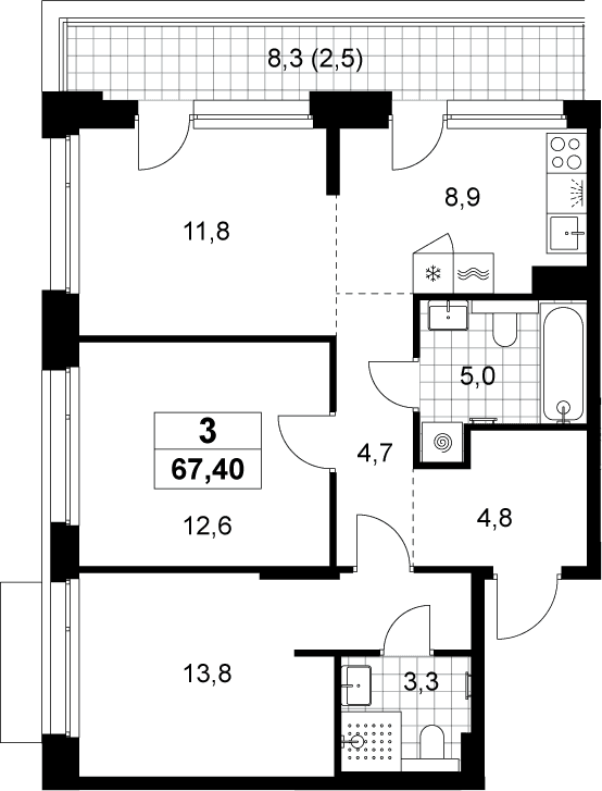 Планировка: Евротрёшка 64,9 м² в ЖК «Хольм»