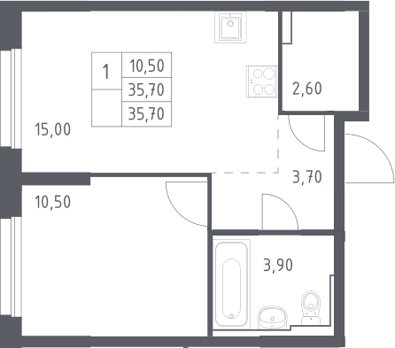 Планировка: Евродвушка 35,7 м² в ЖК «Химки Парк»