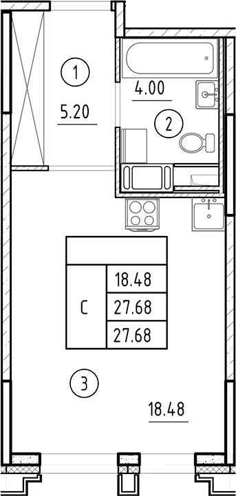 Планировка: Студия 27,7 м² в ЖК «Ассамблея»