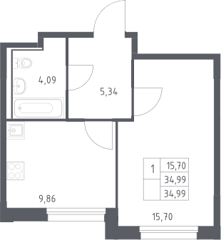 Планировка: 1-комнатная квартира 35 м² в ЖК «Прибрежный Парк»