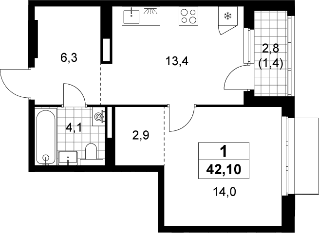 Планировка: 1-комнатная квартира 40,7 м² в ЖК «Деснаречье»