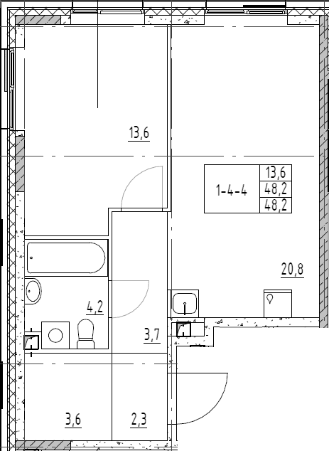 Планировка: Евродвушка 48,2 м² в ЖК «Шагал»