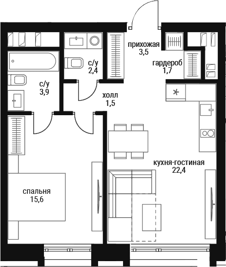 Планировка: Евродвушка 51 м² в ЖК «Шелепиха»