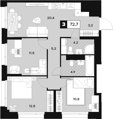 3-комнатная квартира