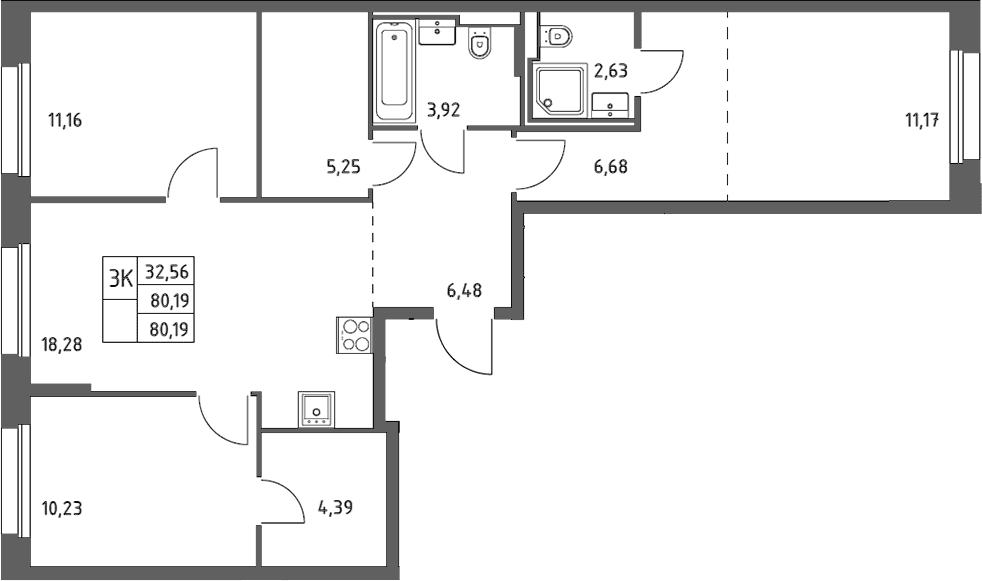 Планировка: 3-комнатная квартира 80,2 м² в ЖК «Заречье Парк»