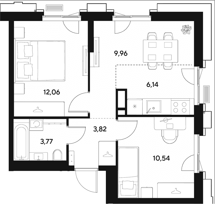 Планировка: Евротрёшка 46,3 м² в ЖК «ЭВО»