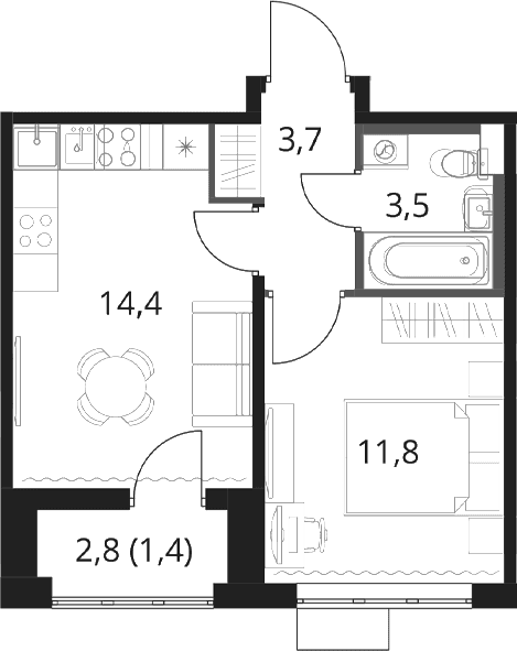 Планировка: 1-комнатная квартира 33,4 м² в ЖК «1-й Шереметьевский»