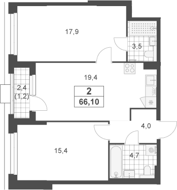 Планировка: Евротрёшка 64,9 м² в ЖК «Южные сады»