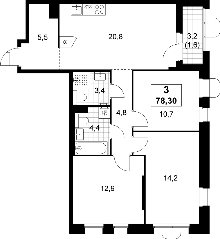 Планировка: Квартира евро-4 76,7 м² в ЖК «Прокшино»
