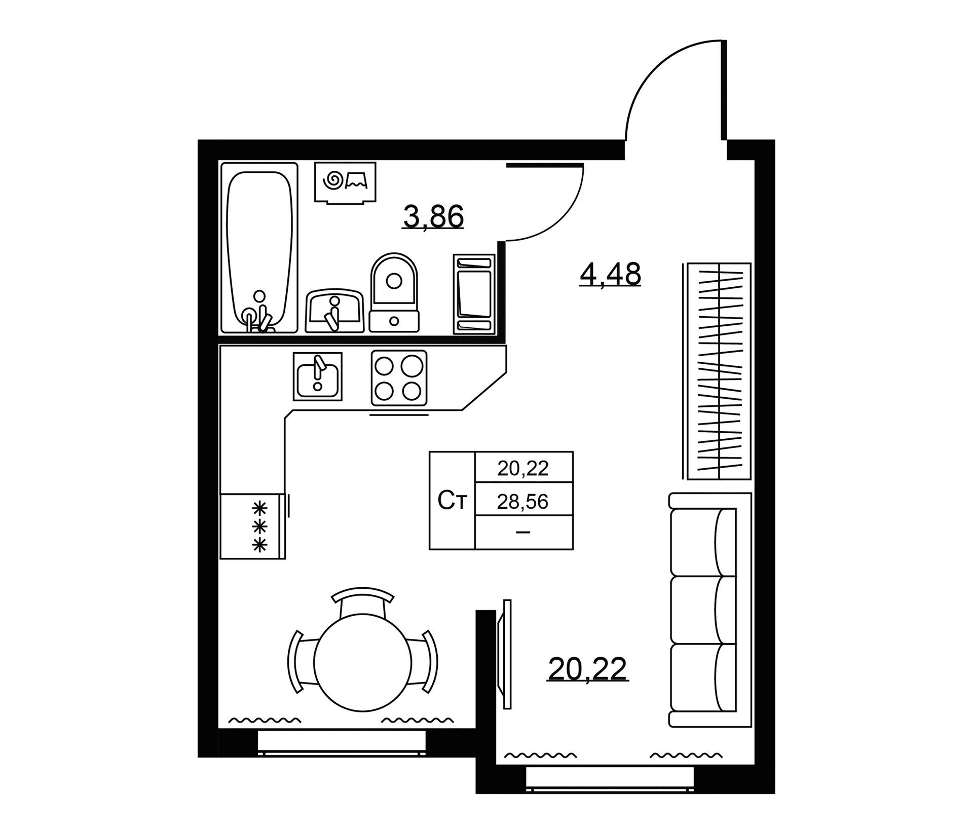 Планировка: Студия 28,6 м² в ЖК «Пулковское, 34»