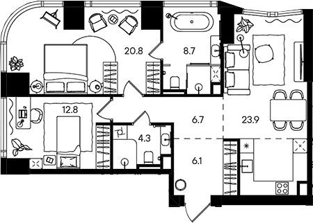 Планировка: Евротрёшка 83,3 м² в ЖК «СТОУН Блик»