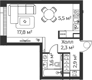 Планировка: Студия 32 м² в ЖК «Веер»