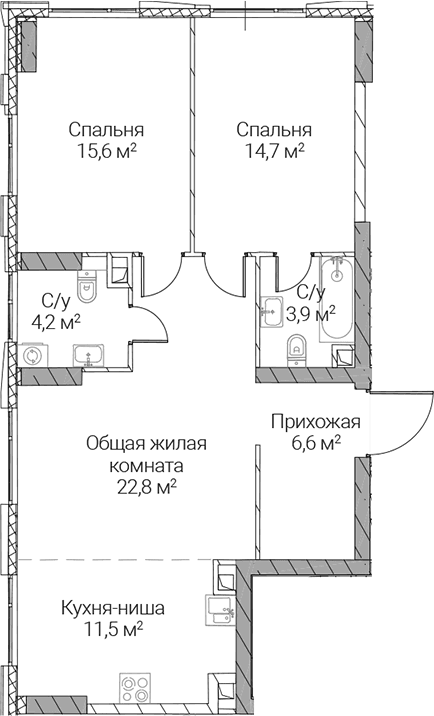 Планировка: Евротрёшка 79,3 м² в ЖК «СЕЗАР СИЛИКА»