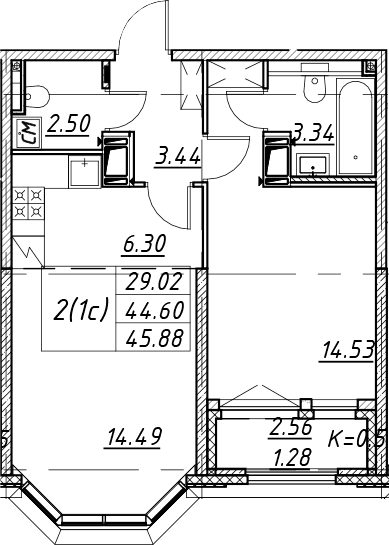 Планировка: Евродвушка 44,6 м² в ЖК «Цивилизация на Неве»