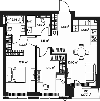 Планировка: Евротрёшка 68,4 м² в ЖК «Джойс»