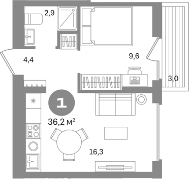 Планировка: 1-комнатная квартира 33,2 м² в ЖК «Первый квартал. Вторая очередь»