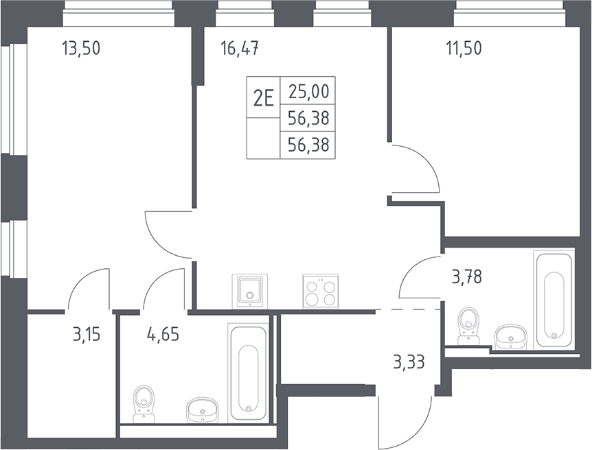 Планировка: Евротрёшка 56,4 м² в ЖК «Рублевский квартал»