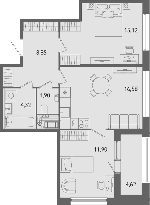 Планировка: Евротрёшка 58,7 м² в ЖК «Лиггат»