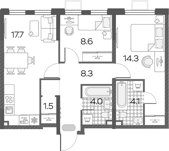 Планировка: Евротрёшка 58,5 м² в ЖК «Лучи»