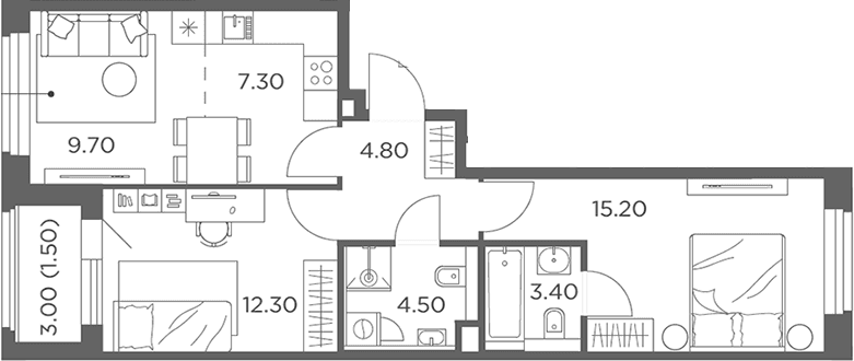 Планировка: Евротрёшка 57,2 м² в ЖК «Белый Град»