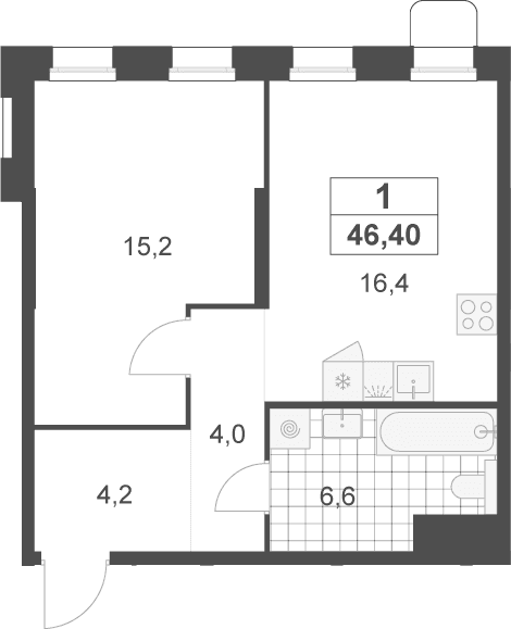 Планировка: Евродвушка 46,4 м² в ЖК «Деснаречье»